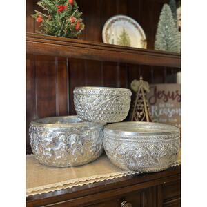 Thai Aluminum Nesting Water Bowl Set of 3 Silver Ornate Embossed Design Signed